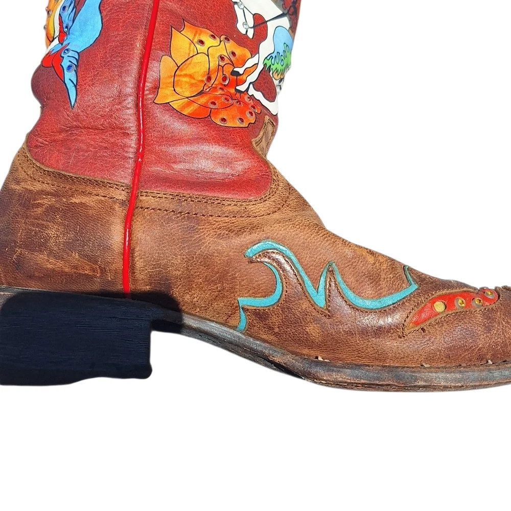 Ariat Quincy Bronco Boots Billie Red 7.5 Painted Cowgirl Western Cowboy Rare - Picture 2 of 15